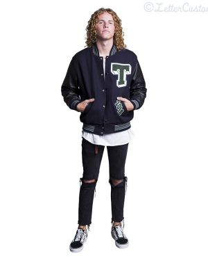 Black Leather & Dress Navy Wool Varsity Letter Jacket