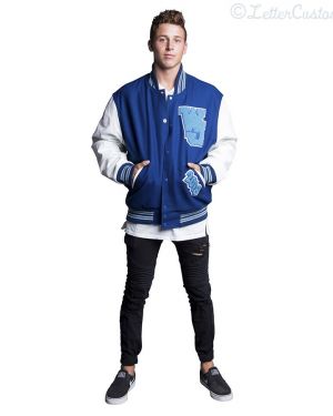 White Leather & Royal Blue Wool Varsity Letter Jacket