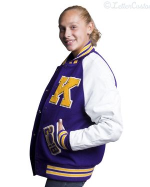 White Leather & Violet Purple Gold Wool Varsity Letter Jacket